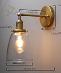 Industrial Vintage Sconce With Oval Cone Clear Glass Shade 1 Light Wall Light In Antique Gold Finish, dimensions shown