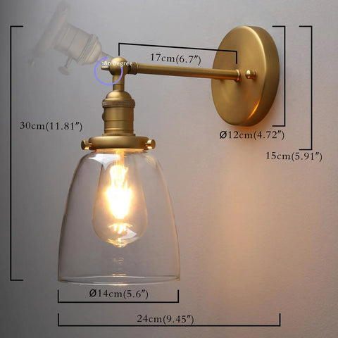 Industrial Vintage Sconce With Oval Cone Clear Glass Shade 1 Light Wall Light In Antique Gold Finish, dimensions shown