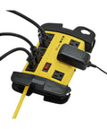 Garage-Grade Heavy-Duty Power Strip With GFCI, 8 outlets, yellow metal housing, wide spaced sockets in use, 25-foot cord.