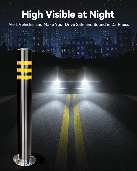Rock Solid 32 Inch Stainless Steel Security Bollard 2 Pack With High Visibility Reflective Tape installed on dark road, illuminated by vehicle lights.
