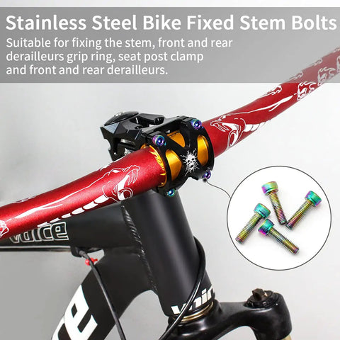 Close-up of stainless steel fixed stem bolts on red handlebars and black bike stem, inset shows colorful bolts detail.