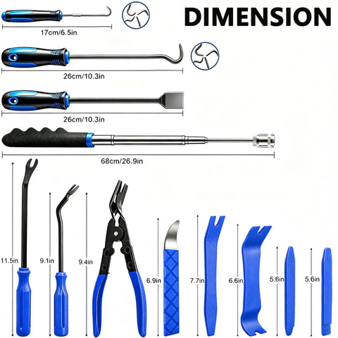 Dimensions of 18 Piece Auto Trim And Fastener Removal Tools Set With Telescoping Magnetic Pickup Tool Scraper And 8 Precision Pick Hooks