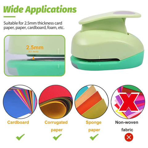 Five Size Circle Punch Set For Paper Crafts And Card Making, suitable for paper, cardstock, foam, shown with compatible materials.