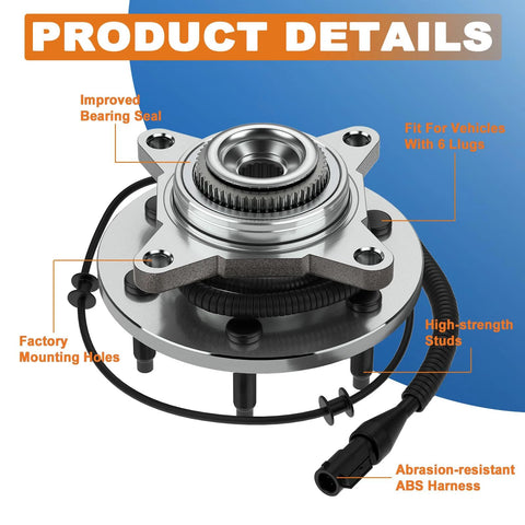Front Wheel Hub Bearing Assembly Pair for 2005-2008 Ford F-150 4WD and 2006-2008 Lincoln Mark LT 6-Lug With ABS Sensor