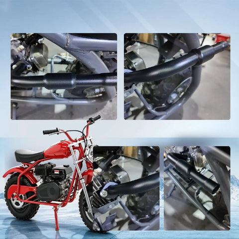 Heavy Duty Road Ready 212CC Mini Bike Exhaust Pipe With Female Thread for Predator Hemi GX160 install and close-up views.