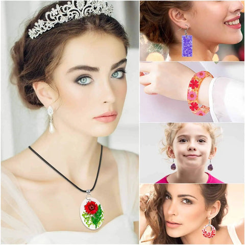 Variety of jewelry from Beginner Resin Craft Kit With Molds And Silicone For Epoxy Resin Projects Includes Dried Flowers Foil Flakes.