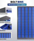 Heavy-Duty Alloy Steel Tool Storage Cabinet With 100 Drawers And Dividers, Nut And Bolt Organizer, Blue, shown with close-up details.