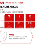 Stealth Lace-Free Ankle Brace size chart showing men's and women's shoe sizes and ankle circumference for product selection.