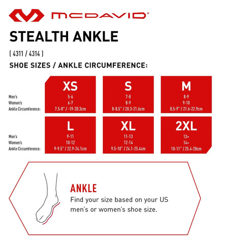 Stealth Lace-Free Ankle Brace size chart showing men's and women's shoe sizes and ankle circumference for product selection.