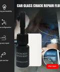 DIY Windshield Repair Kit for Auto Glass Crack Repair with Pro Resin bottle shown next to cracked and repaired auto glass.