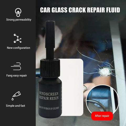 DIY Windshield Repair Kit for Auto Glass Crack Repair with Pro Resin bottle shown next to cracked and repaired auto glass.