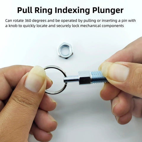 Heavy Duty Four Pack Carbon Steel Spring Plunger With Pull Ring M10x1.5 Retractable Indexing Pin held in hand, showing pull ring.