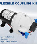 Upgraded RV Water Pump 3 GPM 12V DC 50 PSI Triplex Diaphragm Pump shown with flexible coupling kit.