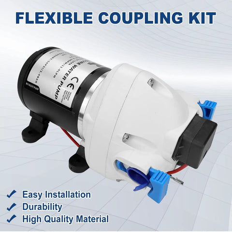 Upgraded RV Water Pump 3 GPM 12V DC 50 PSI Triplex Diaphragm Pump shown with flexible coupling kit.