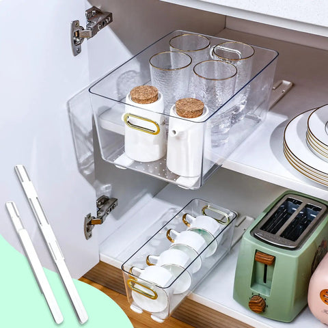 No Sweat Self Adhesive Drawer Slides Four Pack Slick Pull Out Cabinet Glides For Dresser Wardrobe And Home Office Setup With Heavy Duty Stick On Tape For Quick Diy Fix in a cabinet holding glasses and white containers.