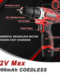 12V Max cordless drill with detailed features labeled, part of All In One Home Tool Kit With 12V Cordless Drill And Magnetic Bits 138 Piece Set For DIY Repairs And Furniture Assembly Durable Case With Fast Charging Ready To Roll For New Homeowners Red.