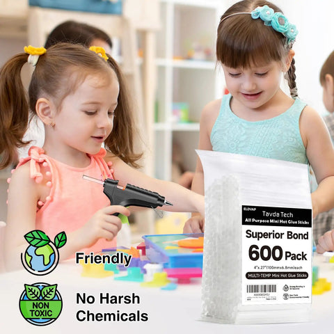 Children using Mini Hot Glue Sticks 4 Inch 0.27 Inch Diameter 600 Pack in craft projects, showcasing non-toxic formula and packaging.