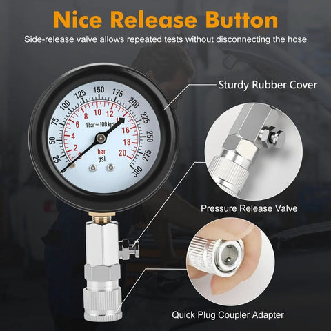 Gas Engine Cylinder Compression Tester Kit, 8 Piece, Automotive Gauge Tool With Three Inch Dual Color Dial, 0 to 300 Psi and 0 to 20 Bar, Quick Pressure Release Button, Includes Two Rubber Cone Ends for Quick Checks