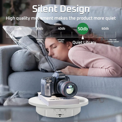 Stunning 3 in 1 Motorized Rotating Display Stand With Remote Control Max 22 Lbs Load For Jewelry Watches Products Photography Shoots Smooth 360 Electronic Turntable showcasing a camera on a quiet spin platform.
