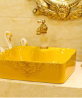 Rectangle Vessel Sink For Bathroom,Gold Bathroom Ceramic Vessel Sink Above Counter Bathroom Vanity Sink Bowl with floral design.