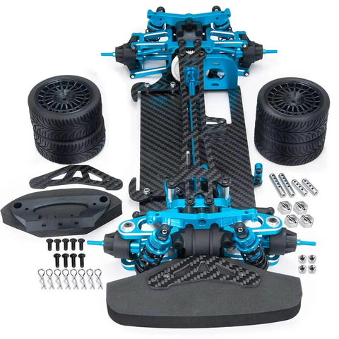 Beefy Metal RC Car Chassis Frame 1 By 10 Scale Upgrade for On Road Drift RC Cars, shown with components and blue accents