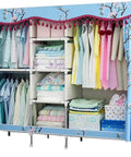 Heavy Duty Portable Hanging Closet With Rock Solid Steel Pipe Frame And Thick Canvas Cover No Sweat Quick Setup Roomy storage with colorful clothes and linens.