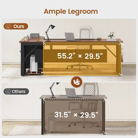 Comparison of legroom with L Shaped Executive Desk With Rolling File Cabinet And Built In Power Outlets For A Boss Level Workspace.