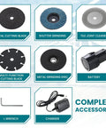 Complete accessories of Cordless 3 Inch Angle Grinder With 12V Brushless Motor Portable Cutoff Tool Kit Including Two Batteries And Charger Extra Five Discs Lightweight Workhorse For Quick Grinding Cutting Metal Prep And DIY Projects, featuring discs, battery, charger, and L wrench.