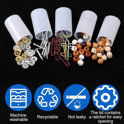 Clear Plastic Film Canister Set 33mm Outer Diameter, 20 Pack with beads, screws, paper clips shown in use