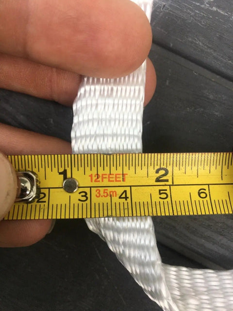 Flat Polyester Pull Tape 3/4 Inch By 100 Feet Packing 2500 Pound Bulletproof Tensile Strength For Conduit And Electrical Wire Running Smooth Non Abrasive Webbing Built Tough For Gritty Job Site Grind measuring tape alongside white polyester webbing.