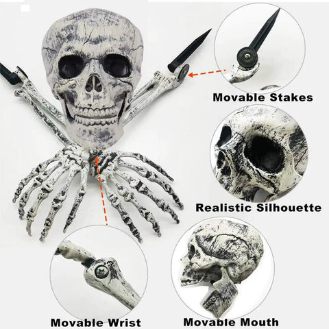 Realistic Halloween Skeleton Stakes Kit With Skull And Arm Props for outdoor graveyard decor, movable parts detail shown.