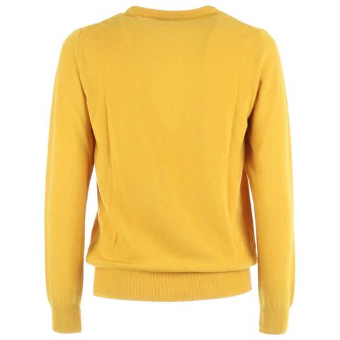 Back view of a yellow sweater with long sleeves on a white background.
