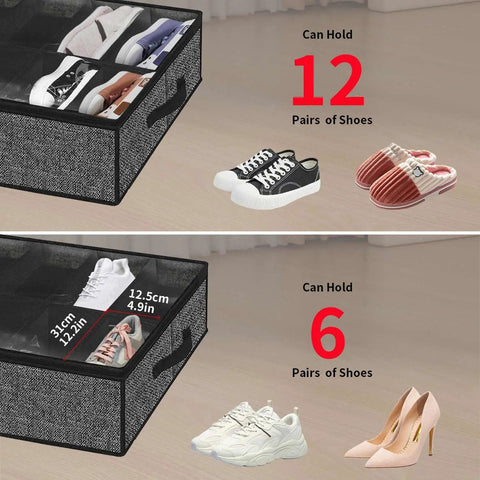 Sick Under Bed Shoe Storage Organizer Set Of 2, Straight Up Closet Flex Hosting Up To 24 Pairs Of Kicks, Clear Window, Breathable Black Linen Look, Foldable Space Saver Design