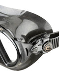 Nano 2-Lens Dive Mask For Scuba And Freediving, ultra low-profile hydrodynamic design, side view of black frame and strap