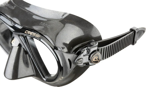 Nano 2-Lens Dive Mask For Scuba And Freediving, ultra low-profile hydrodynamic design, side view of black frame and strap