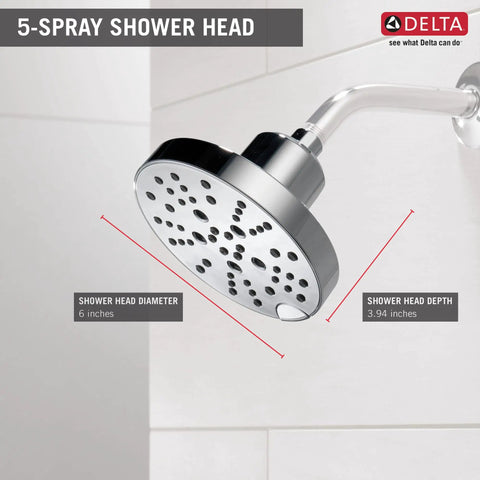 Five-Setting Chrome Shower Head With H2Okinetic Spray, 6-Inch Round Shower Head, 1.75 GPM Flow, Lumicoat Finish