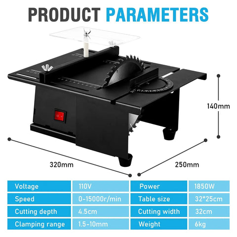 Product parameters of Powerful 1850W Jewelry Lapidary Saw With Multi Angle Cutting And Polisher Mini Table Saw for DIY.
