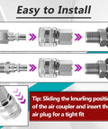 One Quarter Inch NPT A Style Coupler And Plug Kit installation steps with connectors aligning for leak-free quick connects in air tools