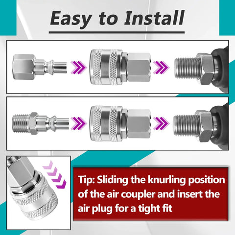 One Quarter Inch NPT A Style Coupler And Plug Kit installation steps with connectors aligning for leak-free quick connects in air tools