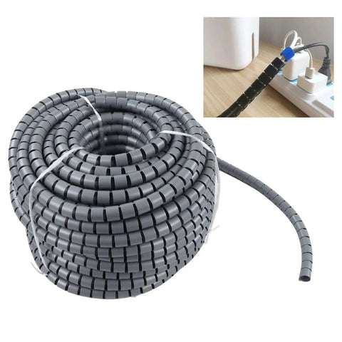 Close-up of grey Spiral Cable Wrap For Cable Management Protector Cover 32mm Diameter 30m Long, showing installation on power cords.