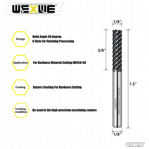 Six Flute Carbide End Mill Square Milling Cutter With 50 Degree High Helix For Hard Steel Finishing, 1.5 inch length view