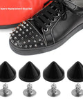 Hella Secure 6mm Black Replacement Studs And Screws For Dope Diy Shoe Decor Craft Leather Projects on a black sneaker.
