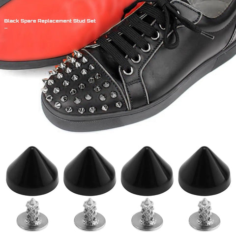 Hella Secure 6mm Black Replacement Studs And Screws For Dope Diy Shoe Decor Craft Leather Projects on a black sneaker.