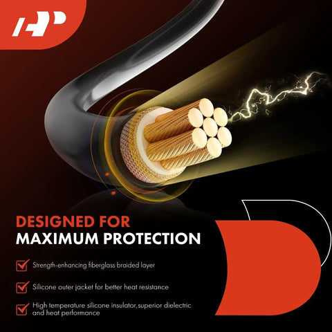 Fiberglass braided ignition wire with silicone jacket for heat resistance and dielectric performance in ignition coil set.