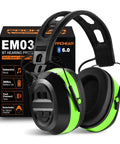 Bluetooth Hearing Protection Earmuffs With 26dB NRR For Yard Work And Mowing Ultra Long Battery Life 1500mAh Stable Bluetooth 6.0 HiFi Sound Noise Reduction Four Weeks Run Time Green Gift For Dad in front of product box