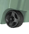 Close-up of wheel on 40 Gallon Wheeled Tough Plastic Storage Tote With Latch Lid Heavy Duty Green Industrial Bin For Tools Gear Camping And Seasonal Items Durable BPA Free Tote Stackable Set Of 2