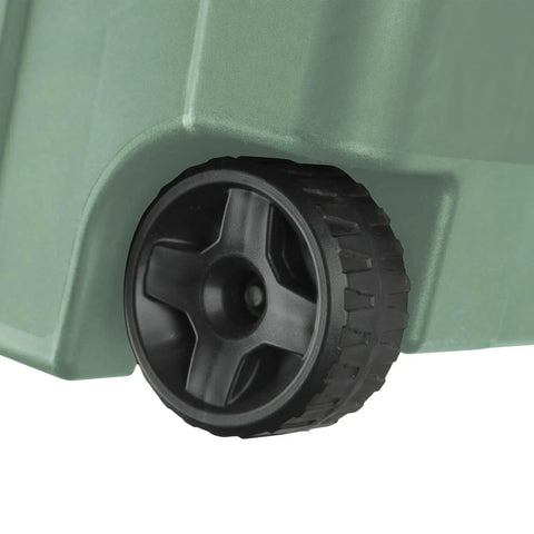 Close-up of wheel on 40 Gallon Wheeled Tough Plastic Storage Tote With Latch Lid Heavy Duty Green Industrial Bin For Tools Gear Camping And Seasonal Items Durable BPA Free Tote Stackable Set Of 2