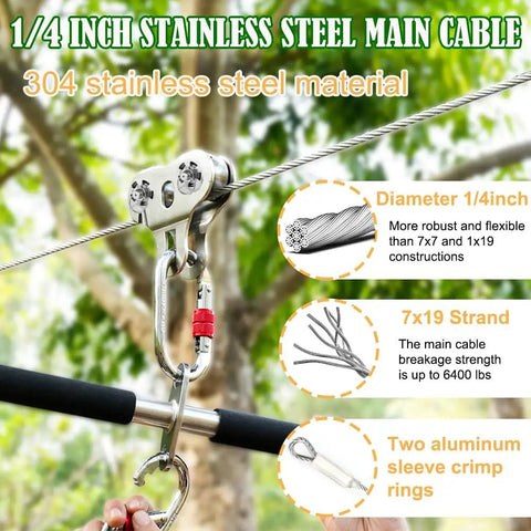 Backyard Zip Line Kit For Kids And Adults Up To 500 Lbs, Heavy Duty 304 Stainless Steel Cable, 80 Foot Line With Trolley, Close-Up