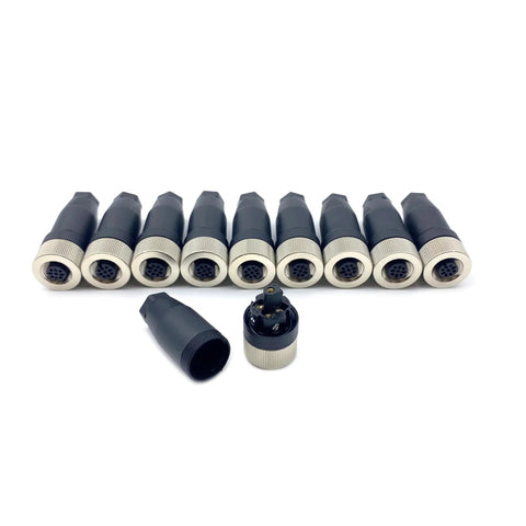 Row of 5 Pin A Code M12 Female Circular Connectors IP67 Waterproof for PG7 Cable with one connector spotlighted