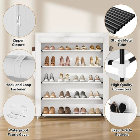 Five Tier Shoe Rack With Cover Holds 20 To 24 Pairs Of Shoes, Large Vertical Shoe Organizer For Closet Front Door Dorm Or Garage White, Space Saving, Detachable And Stackable, Fits Boots Sneakers And Heels